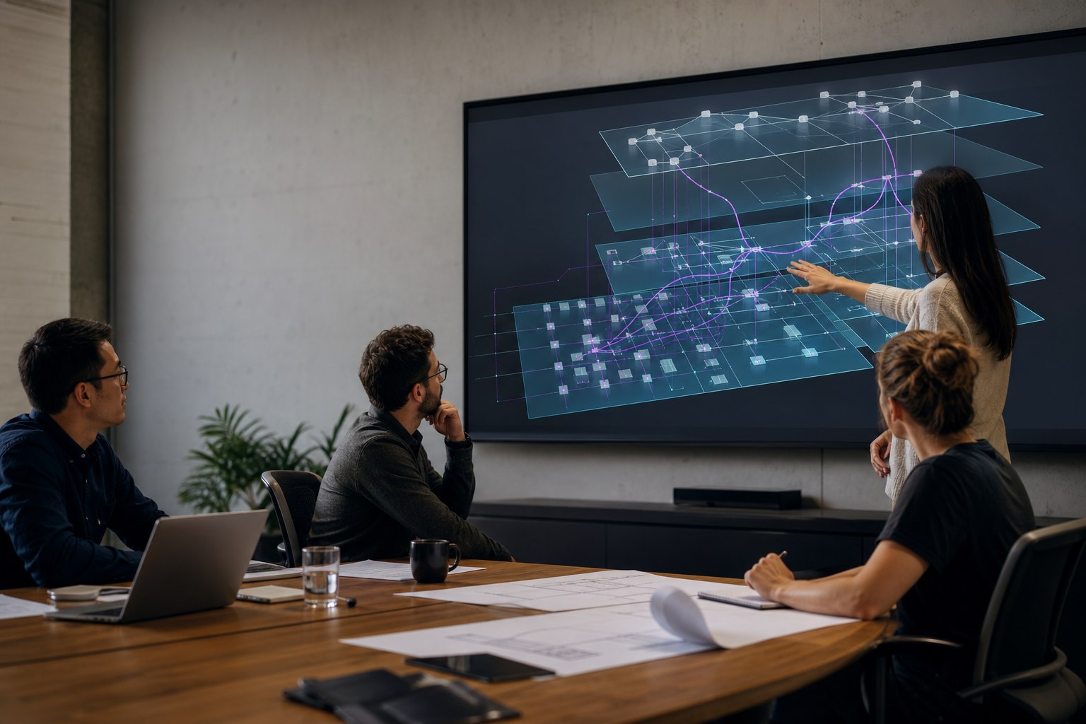 Engineering team reviewing a layered enterprise systems architecture