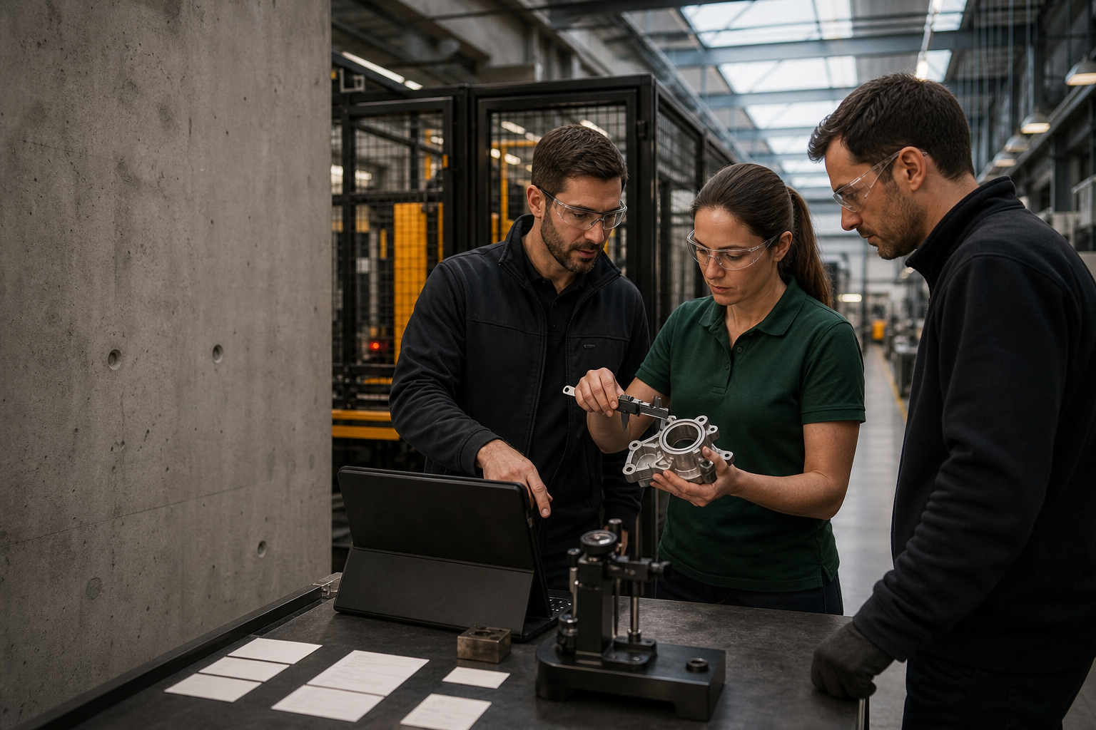 Manufacturing team inspecting a machined component and quality checkpoint