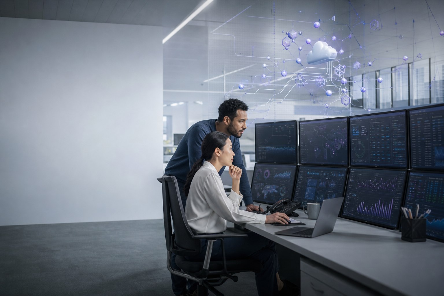 Cloud operations engineers reviewing connected infrastructure systems