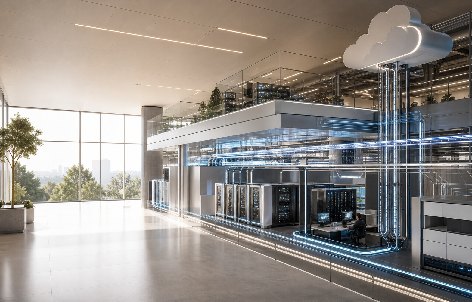 Layered enterprise technology architecture connecting cloud, data, applications, AI, operations, and security