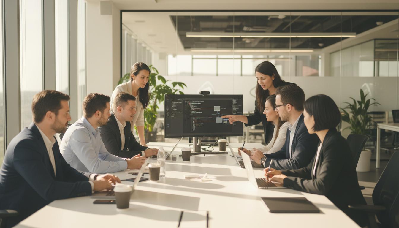Technology consultants reviewing an enterprise systems architecture in a bright office